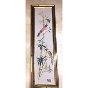 Vintage Bamboo frame Birds needlepoint & petit 28 X 9 MCM 1979 Handmade